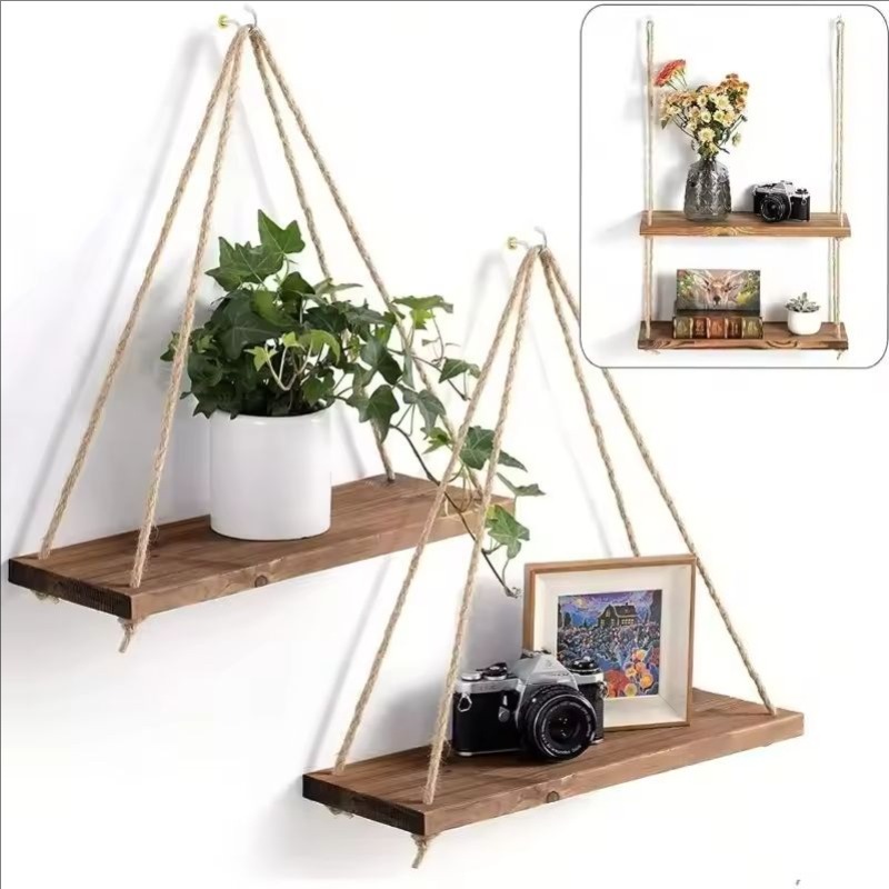 Wooden Hanging Plant Shelf With Hemp Rope Floating Wall Mounted Tray For Home, Garden, And Living Room Decoration white