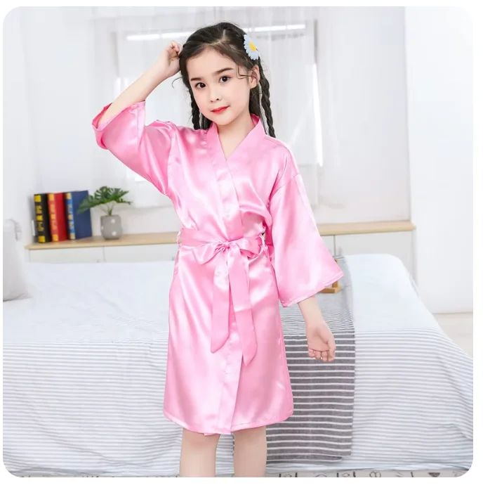 Blush Dreams Girls Satin Kimono Robe Soft Pink Silk Bathrobe For Weddings & Sleepwear white l