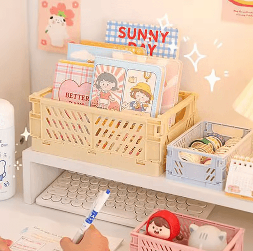 Collapsible Plastic Folding Storage Crate For Desktop And Home Organization yellow