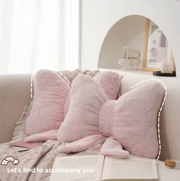 FluffEase Pink Bow Rabbit Fur Sofa Pillow Plush Car Seat Cushion & Backrest Support pink