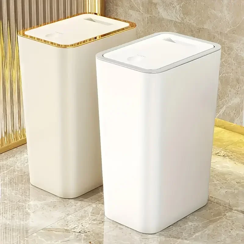 Leakproof Space Saving Trash Can With One Touch Modern Design Durable Plastic beige