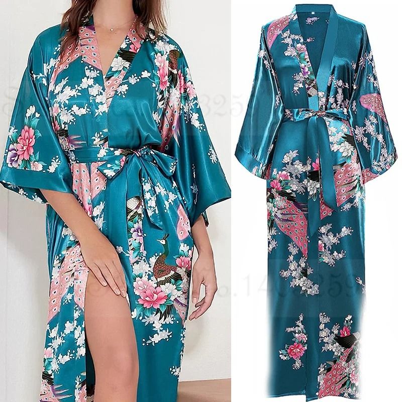 Large Size Peacock Print Kimono Bathrobe Elegant Flower Satin Long Robe & Loose Loungewear Nightgown white A 2xl