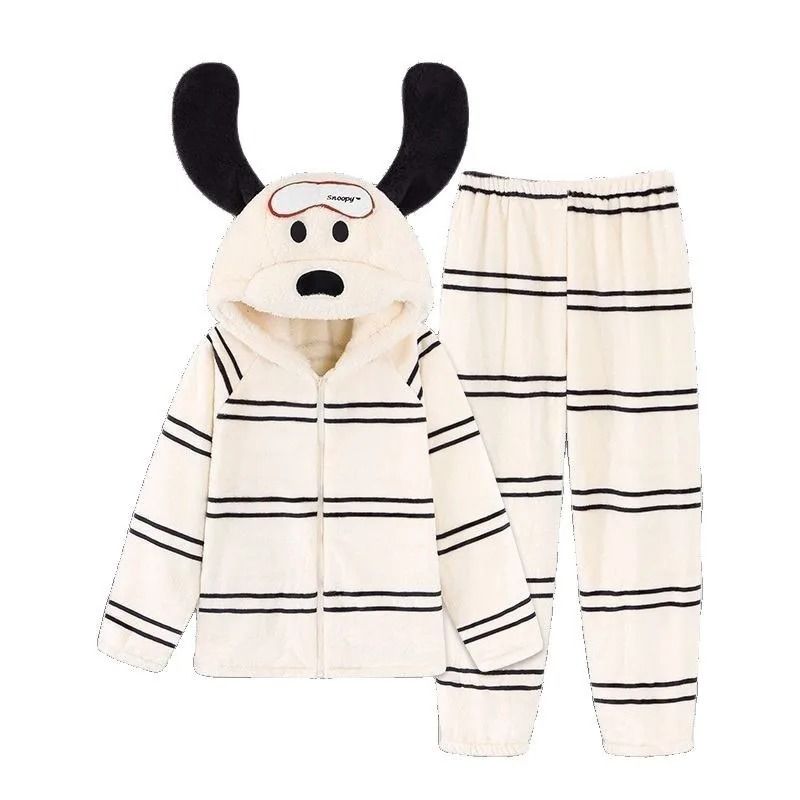 Womens Cartoon Puppy Hooded Coral Fleece Pajama Set Warm Winter Loungewear white s