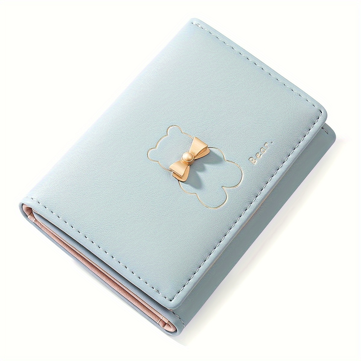 Bear Pattern Trifold Mini Wallet Cute Solid Color Coin Purse & Credit Card Holder black