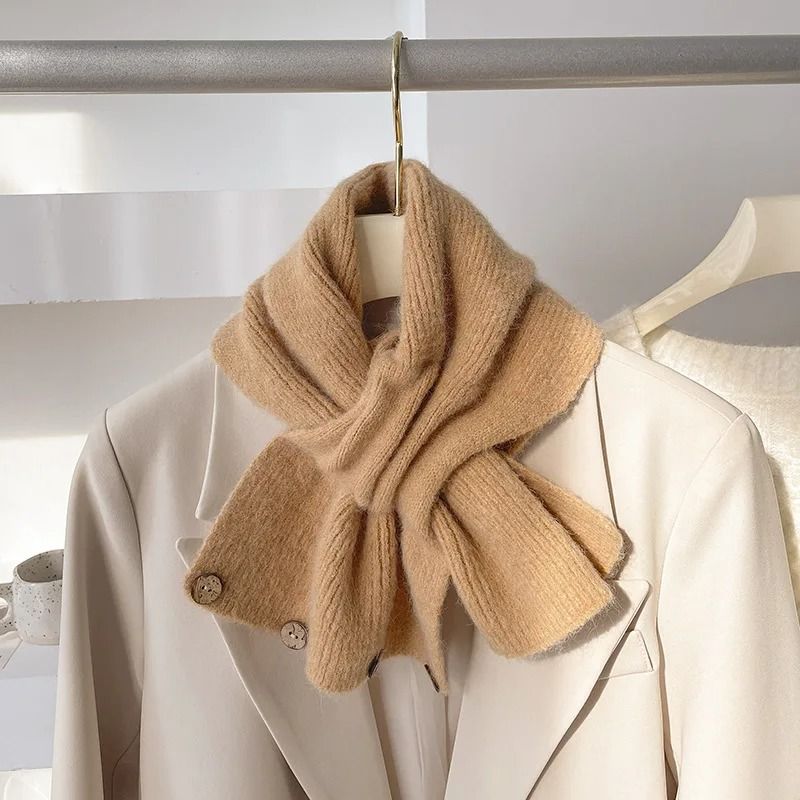 Autumn And Winter Cross Knitted Scarf Korean Edition Color Blocked Warm Button Neck Cover khaki