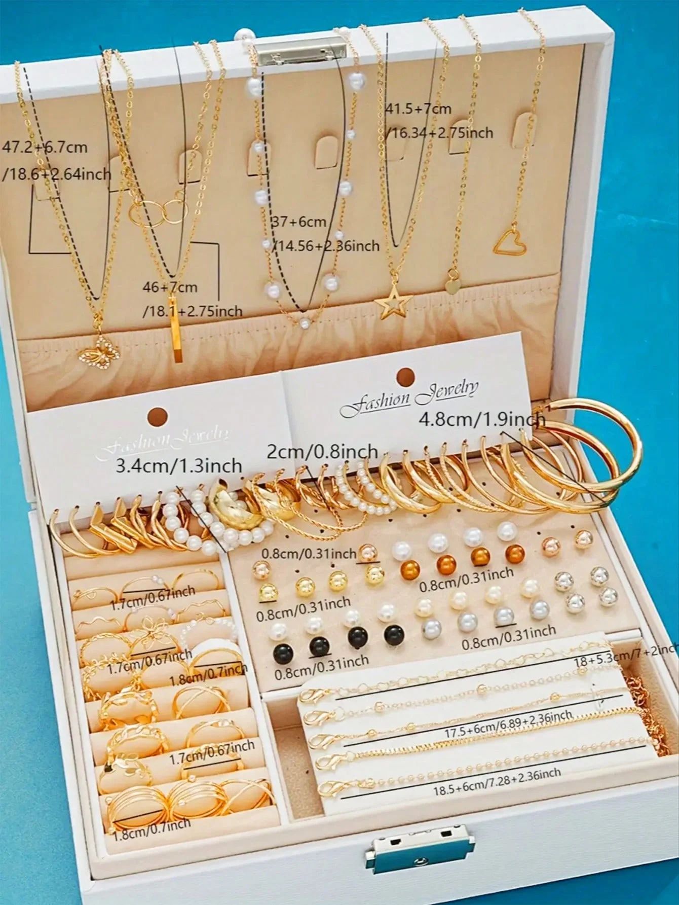 86 Piece Elegant Pearl Jewelry Set Multi Layer Necklace, Earrings, Rings & Stud Collection ayasilver Color