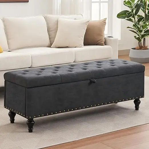 51.8in Dark Gray Linen Storage Ottoman Bench Large Upholstered Rectangular Seat With Safety Hinges dark Gray