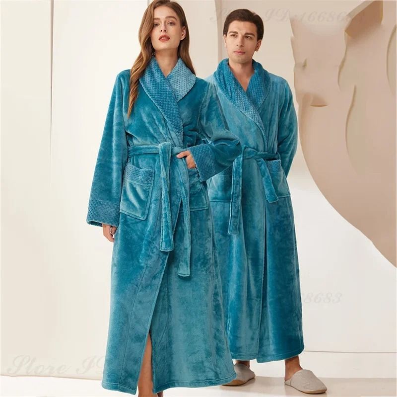 Autumn Winter Thicken Coral Fleece Robe Warm Flannel Couple's Long Gown & Premium Lounge Wear women Green Robe 3xl