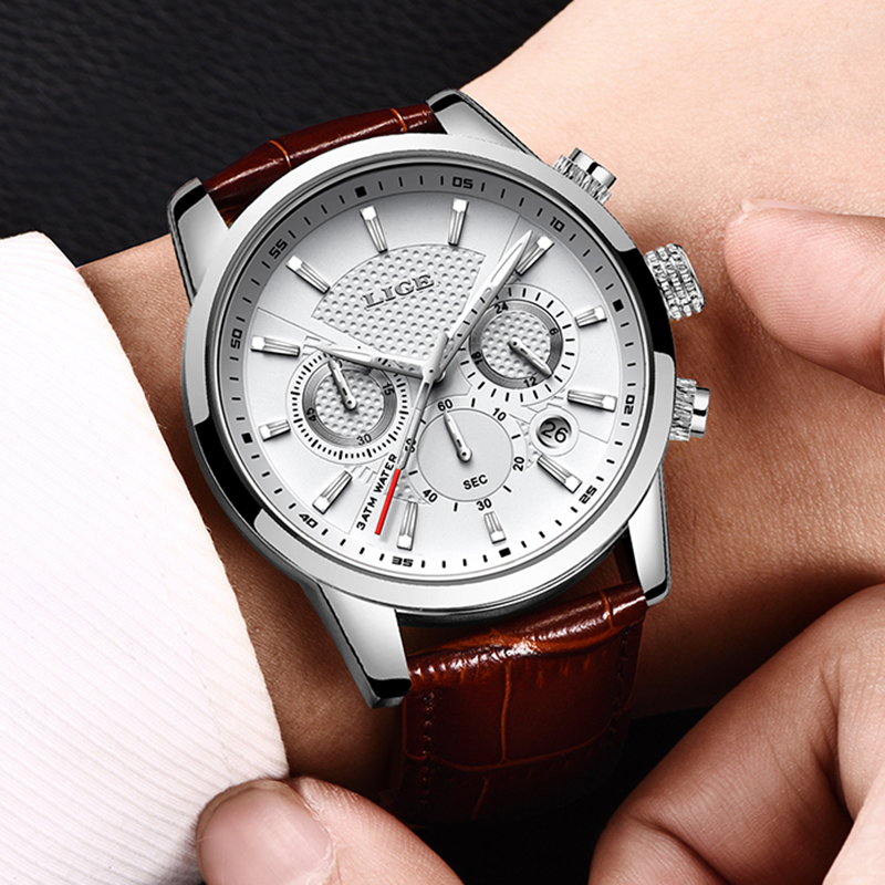 Men's Military Chronograph Leather Watch Quartz Sport Wristwatch With Date Display And Water Resistance silver White