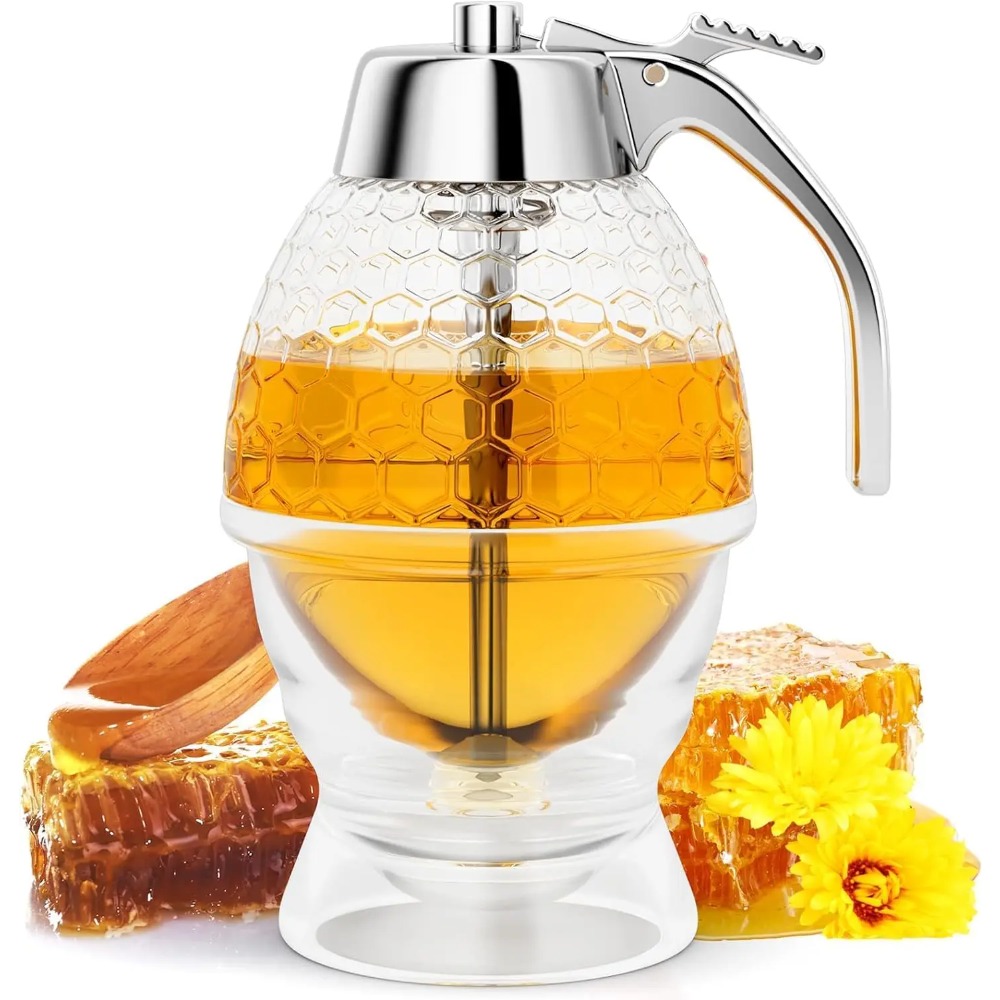 Drip Free Honey Dispenser & Maple Syrup Pitcher Elegant Honeycomb Shaped Honey Jar With Stand For Clean Pouring Drip Free Honey Dispenser & Maple Syrup Pitcher Elegant Honeycomb Shaped Honey Jar With Stand For Clean Pouring