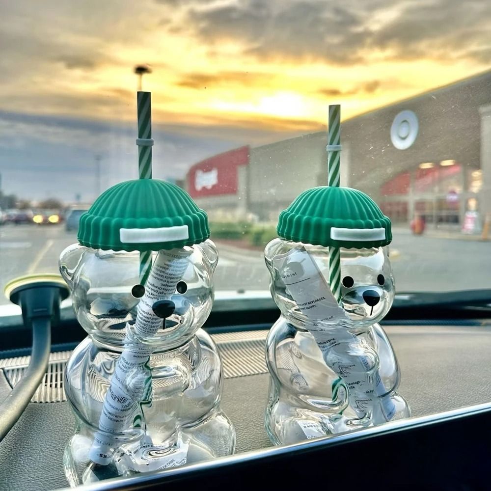 500ml Cute Bear Shaped Coffee Mug Glass Cup With Straw glass Model