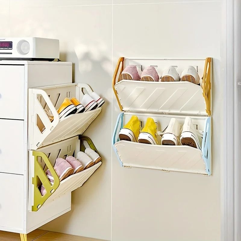 Wall Mounted Foldable Shoe Rack With Hidden Storage Shelf blue