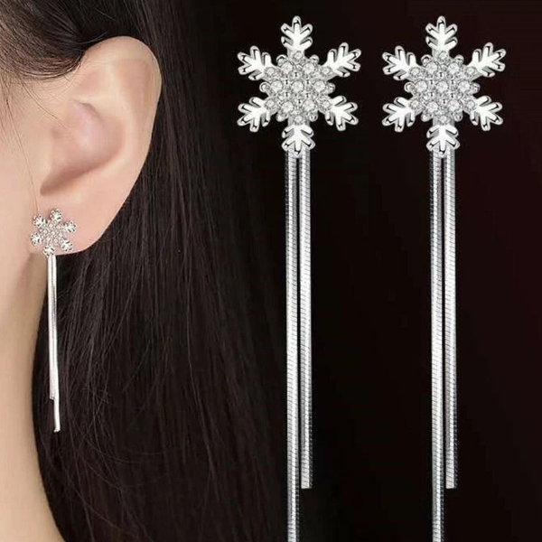 Women Sterling Silver Snowflake Crystal Tassel Earrings, Elegant Studs Women Sterling Silver Snowflake Crystal Tassel Earrings, Elegant Studs
