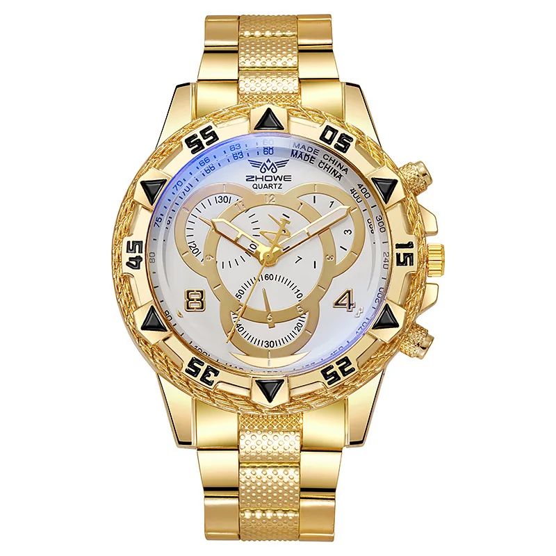 TVK Luxury Classic Business Men's Quartz Watch Large Dial Blue Light Three Eye Stainless Steel Wristwatch gold White