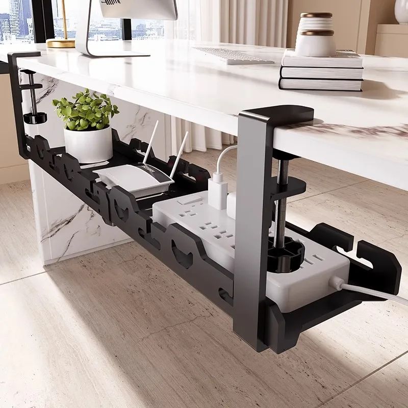 Telescopic Under Desk Cable Management Tray No Drill Metal Wire Organizer Rack white Fixed