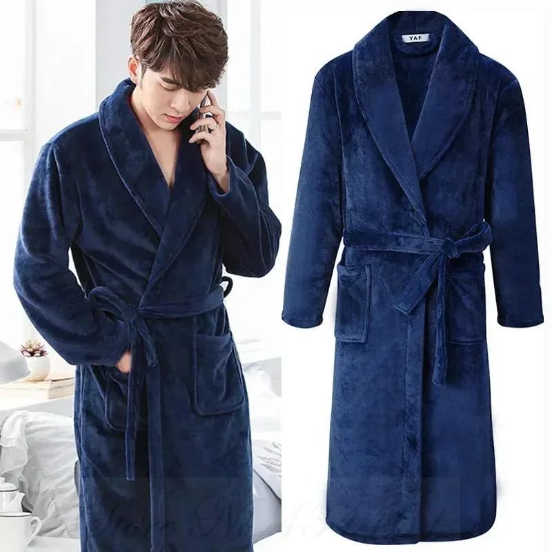 Plus Size Thick Flannel Mens Kimono Bathrobe For Autumn And Winter navy 1 xl