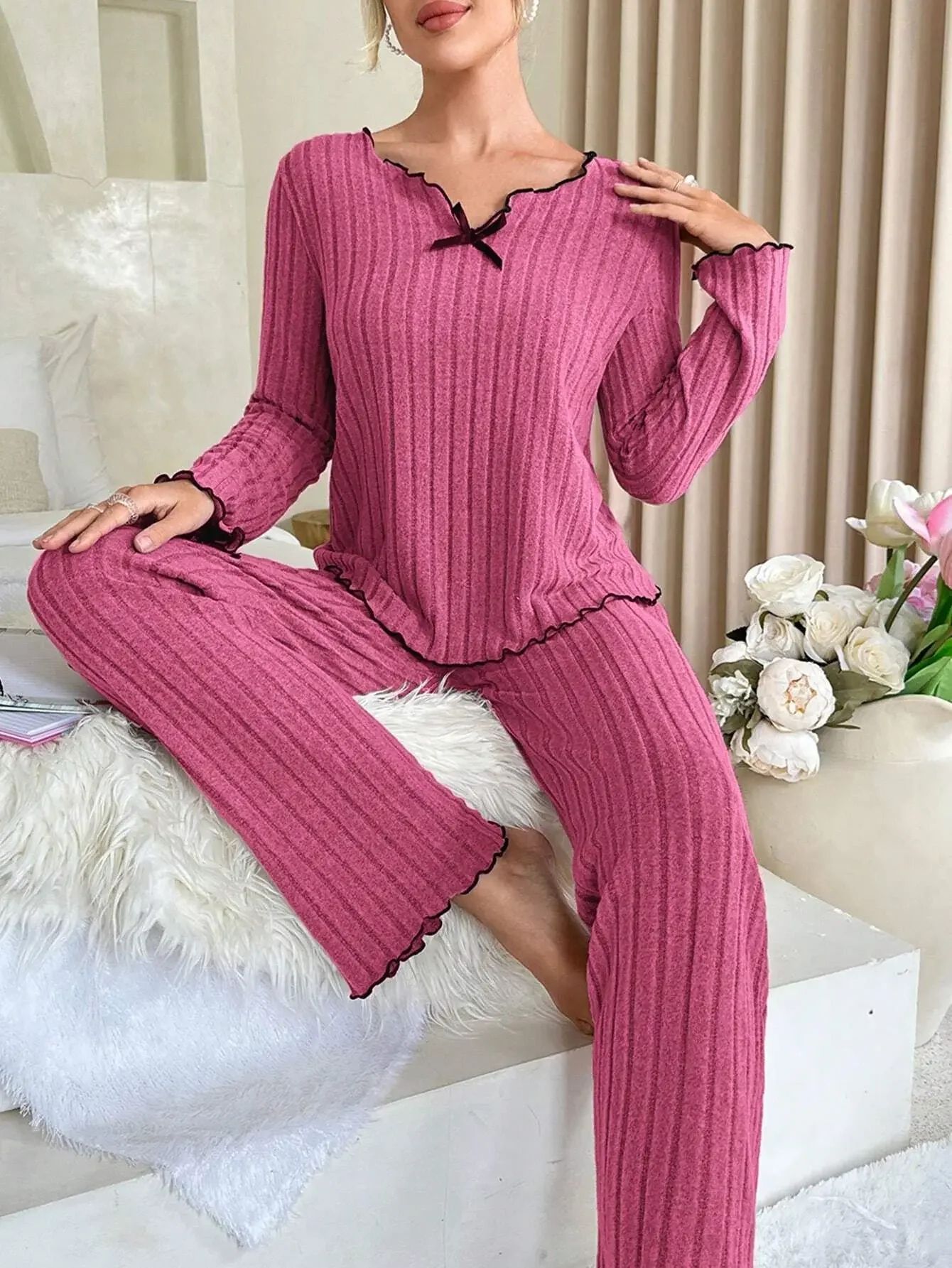 CozyChic Ribbed Knit Womens Pajama Set Soft Long Sleeve Winter Sleepwear Loungewear 3 s