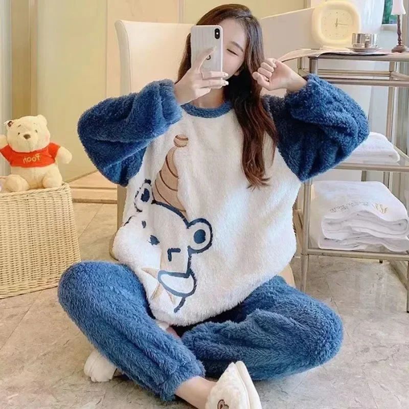Women Winter Thick Flannel Coral Velvet Pajama Set With Cartoon Bear pink xl(60 70kg)