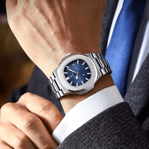 POEDAGAR Luxury Square Stainless Steel Quartz Watch For Men 613 Silver Black