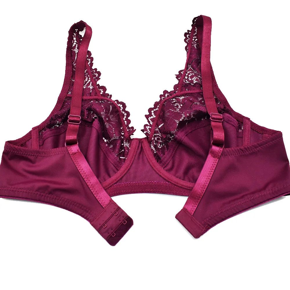 Womens Plus Size Floral Lace Underwire Bra Breathable Sheer Unlined Lingerie wine Red 80d