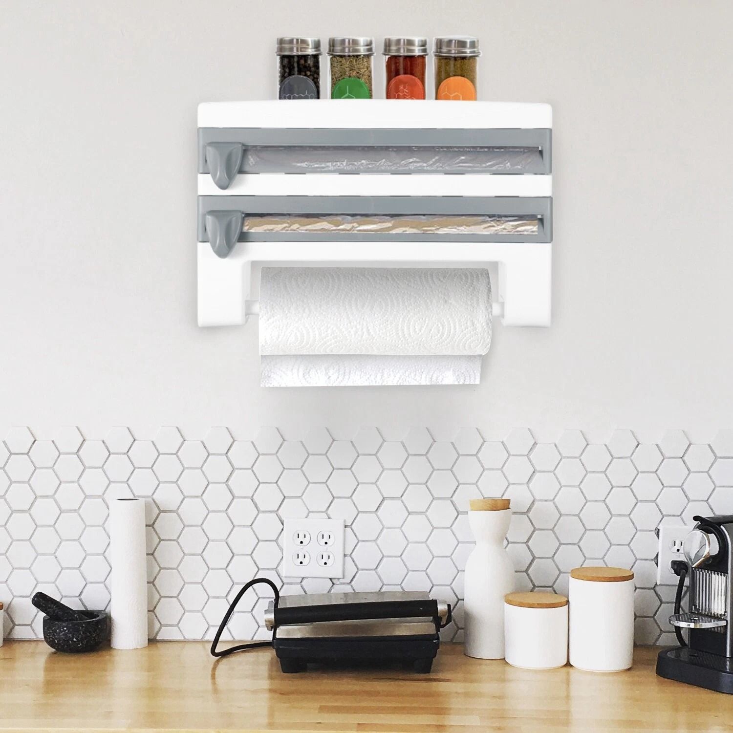 Wall Mounted Paper Towel Holder & Triple Roll Dispenser For Kitchen Cling Film And Tinfoil Storage Wall Mounted Paper Towel Holder & Triple Roll Dispenser For Kitchen Cling Film And Tinfoil Storage