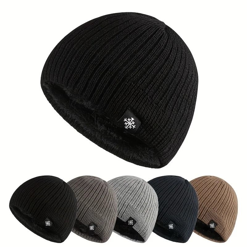 Autumn Winter Unisex Fleece Lined Knitted Beanie Loose Warm Ear Protection Thick Woolen Hat Windproof Outdoor Ski Hiking black
