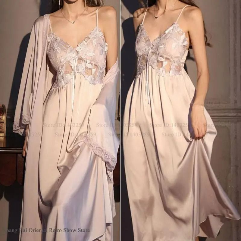 Elegant Female Ice Silk Robe Set Professional Hollow Out Lace Nightdress & Silky Loungewear Lingerie burgundy Nightdress xl