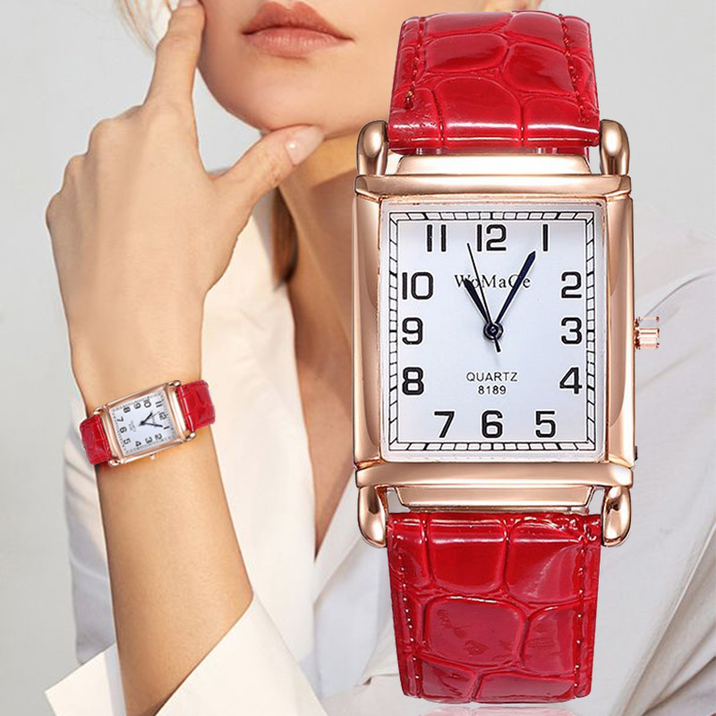 Luxury Rose Gold Square Womens Quartz Watch With Red Leather Strap red