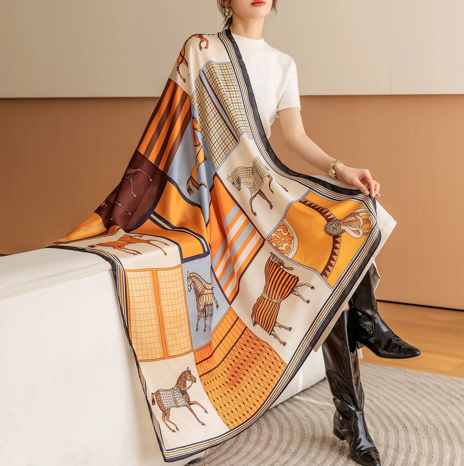 Luxury Horse Print Square Scarf For Women Vintage Silk Like Animal Shawl Head Wrap green Teal