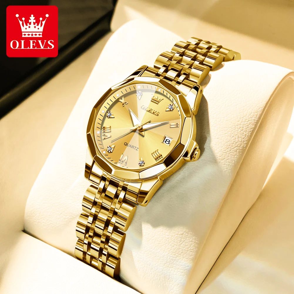 OLEVS Elegant Golden Women's Quartz Watch Waterproof Stainless Steel Luxury Ladies Wristwatch gold White