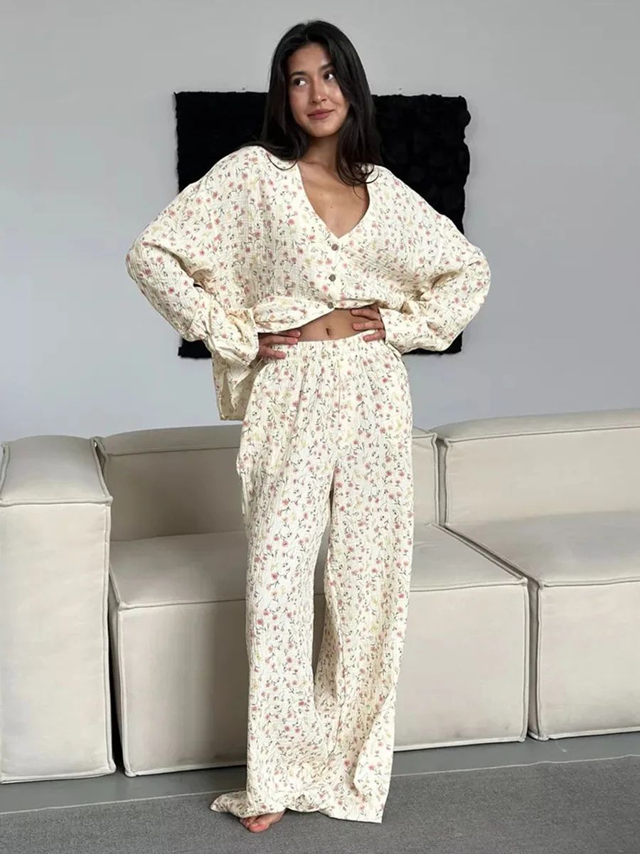 Women 100 Percent Cotton Printed Cardigan Pajama Set printed l