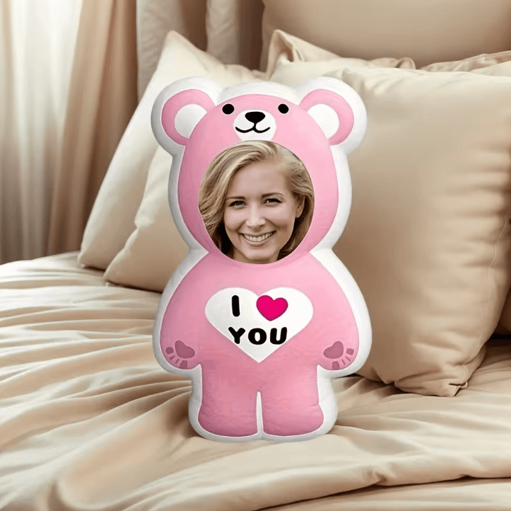 BearCharm Custom Double Sided Printed Cushion Pink Bear Portrait Pillow Gift For Valentines customised Pillow 9.8 In