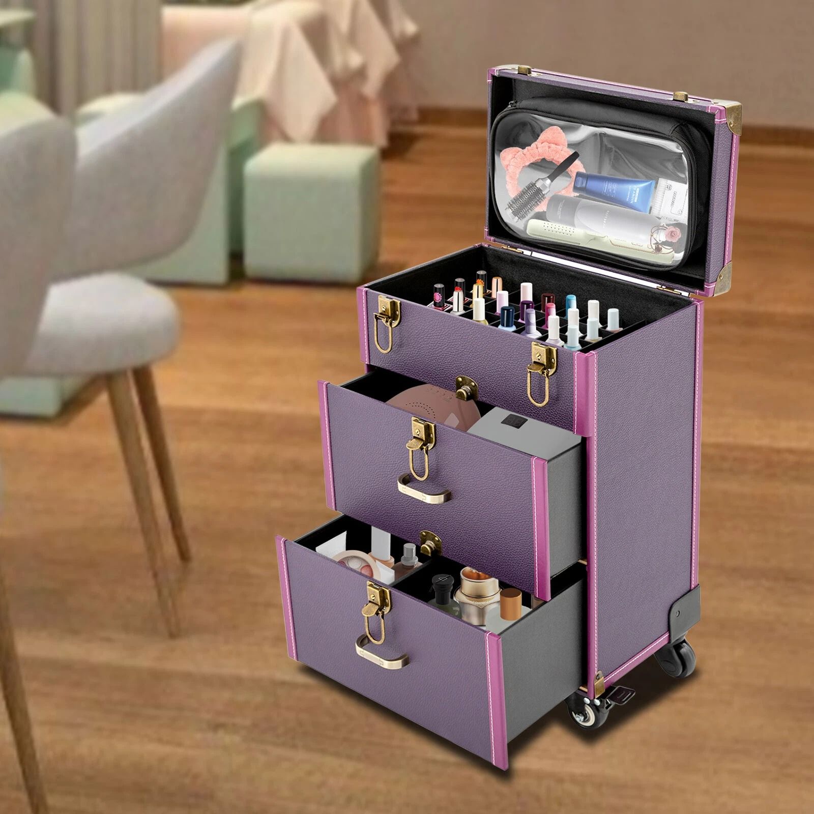 Travel Vanity Organizer, Portable Makeup Train Case, Professional Cosmetic Trolley Travel Vanity Organizer, Portable Makeup Train Case, Professional Cosmetic Trolley