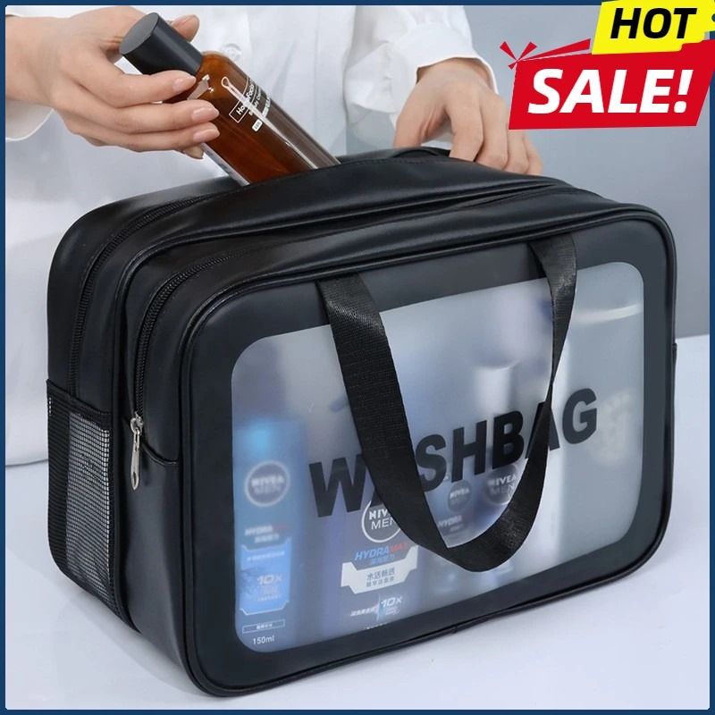 Dry Wet Separation Transparent PU Makeup And Travel Toiletry Bag blue (medium)