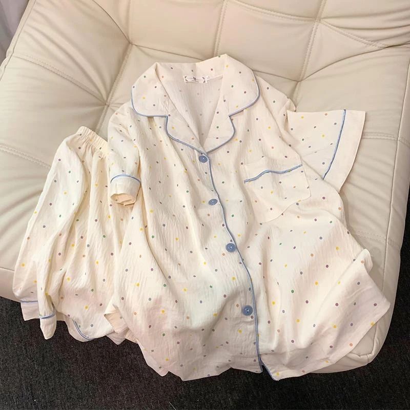 Women Polka Dot Cotton Pajama Set With Top And Shorts b m