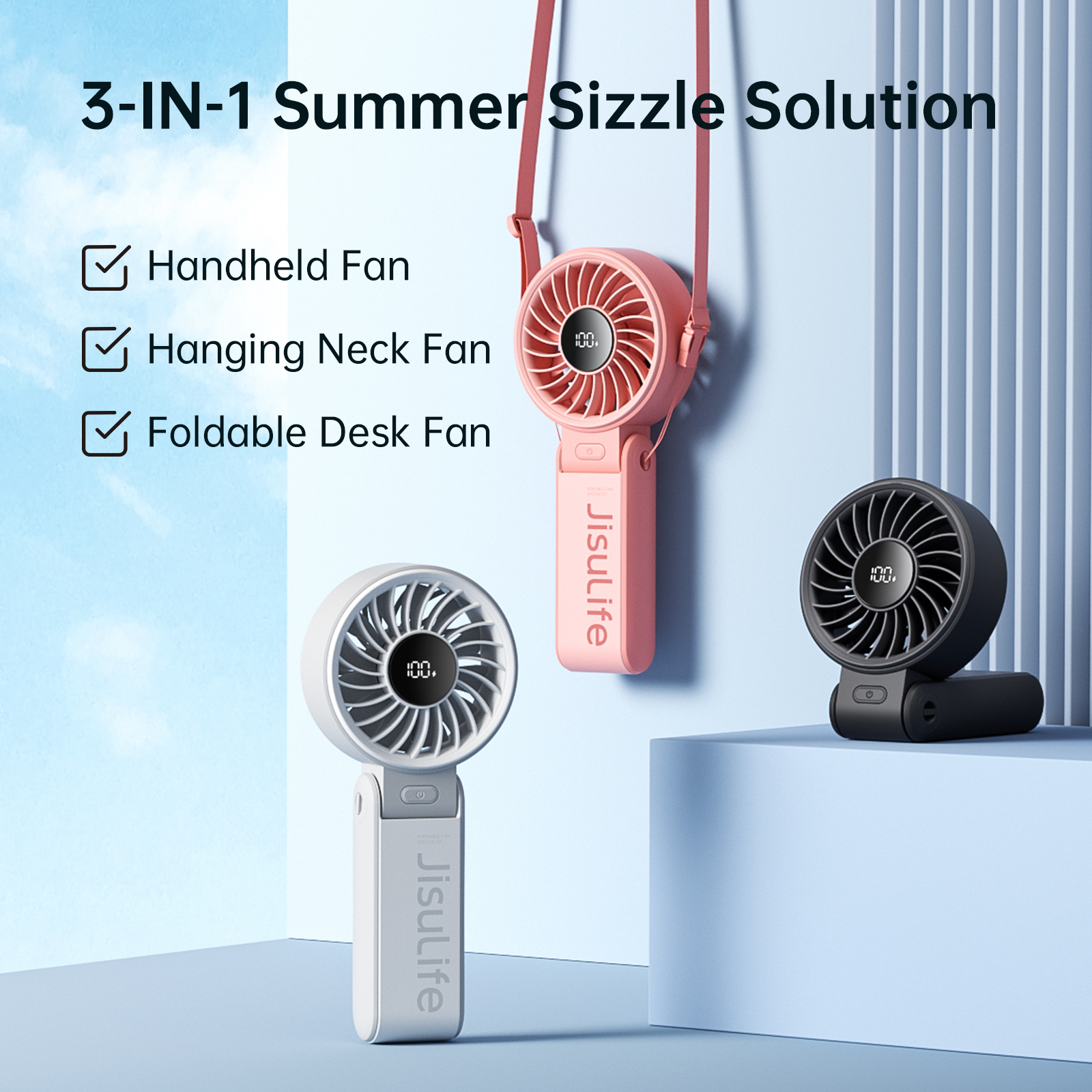 Portable Handheld Fan With LED Display, High Speeds, Multifunction Personal Fan white