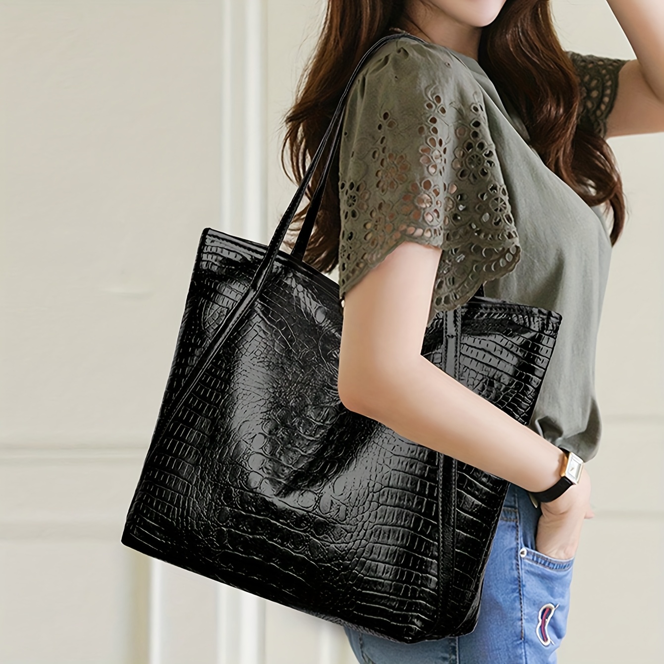 Retro Crocodile Pattern Women's Tote Bag, Stylish Handbag Shoulder Bag, Perfect For Work & Commuting coffee