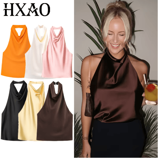 HXAO Satin Halter Backless Corset Top Elegant Summer Tank For Women yellow m(us 6)