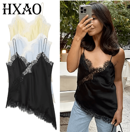 HXAO Y2K Lace Asymmetrical Top Backless Off Shoulder Summer Camisole black xs(us 2)