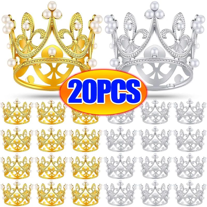 Mini Crown Pearl Cake Topper Tiara Decoration 2pcs silver