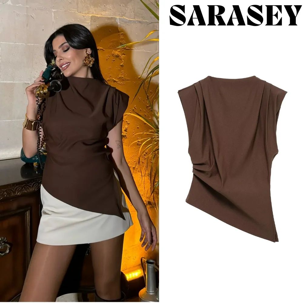 2025 Asymmetric Ruched Tank Top Slim Fit High Street Office & Party Womens Summer Top brown 4