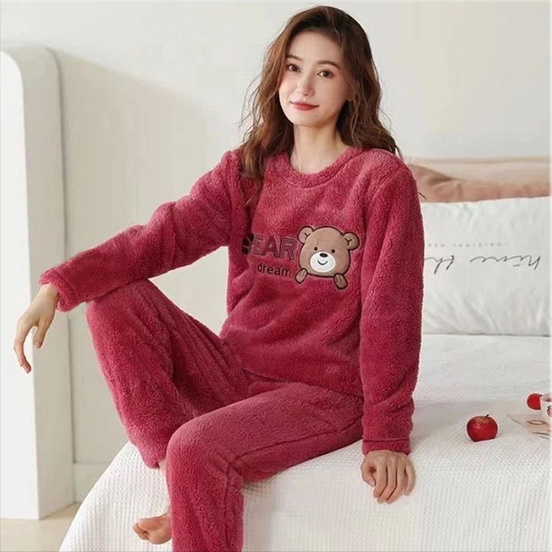 Women Winter Thick Flannel Coral Velvet Bear Pajama Set apricot xxl(70 80kg)