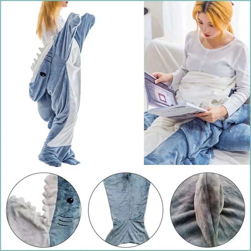 Cozy Shark Sleeping Bag Flannel Pajama Onesie For Kids And Adults blue m