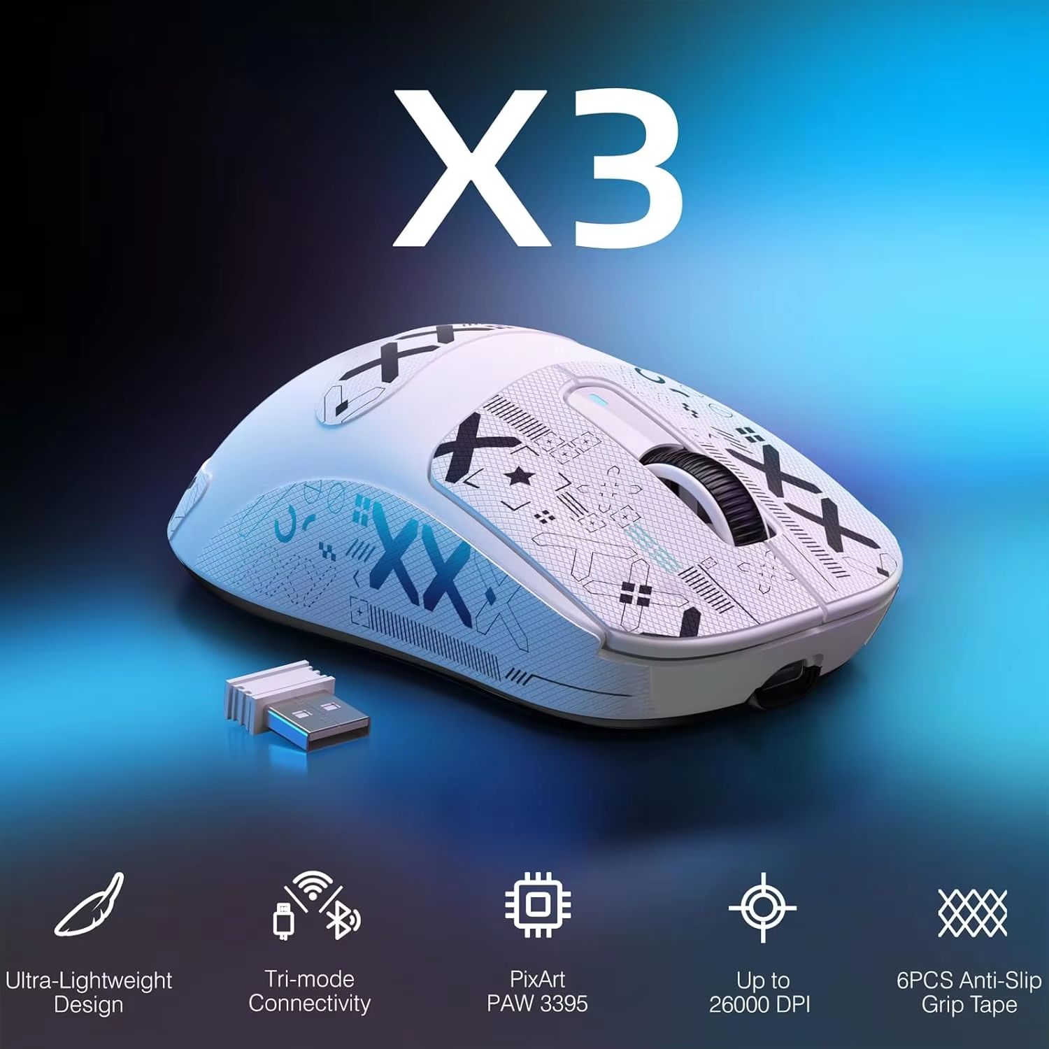 ATTACK SHARK X3 Tri Mode Wireless Gaming Mouse, 26K DPI PAW3395, 1.73oz Lightweight, 200h Battery white