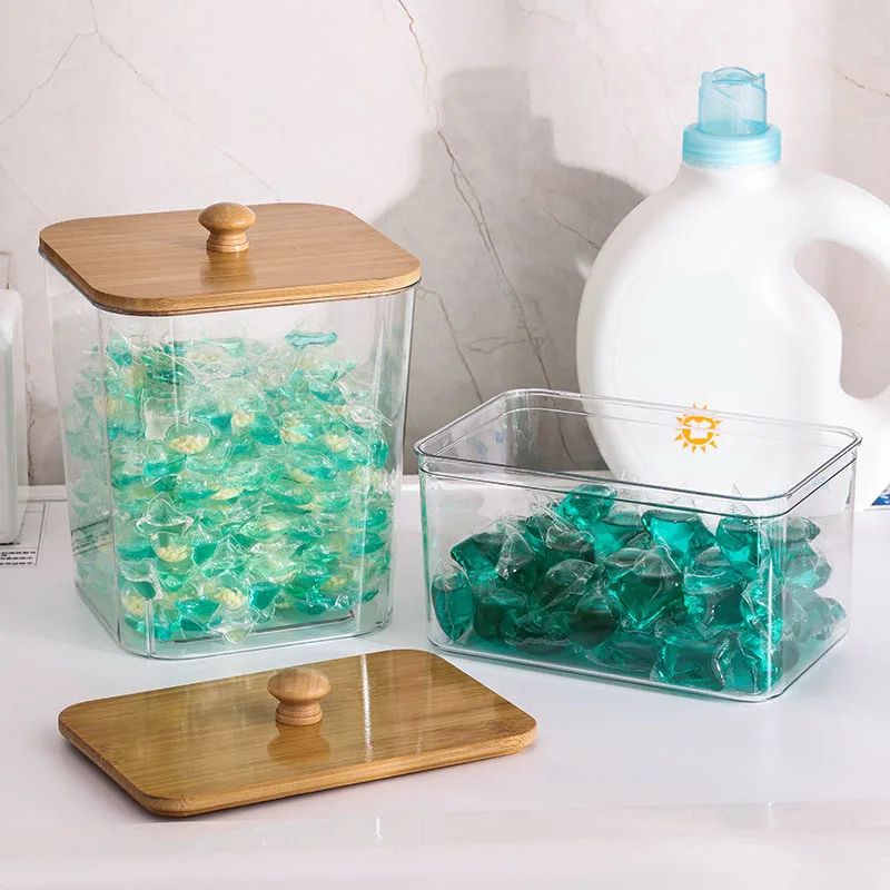 Laundry Powder Storage Box With Bamboo Lid And Cotton Swab Holder m