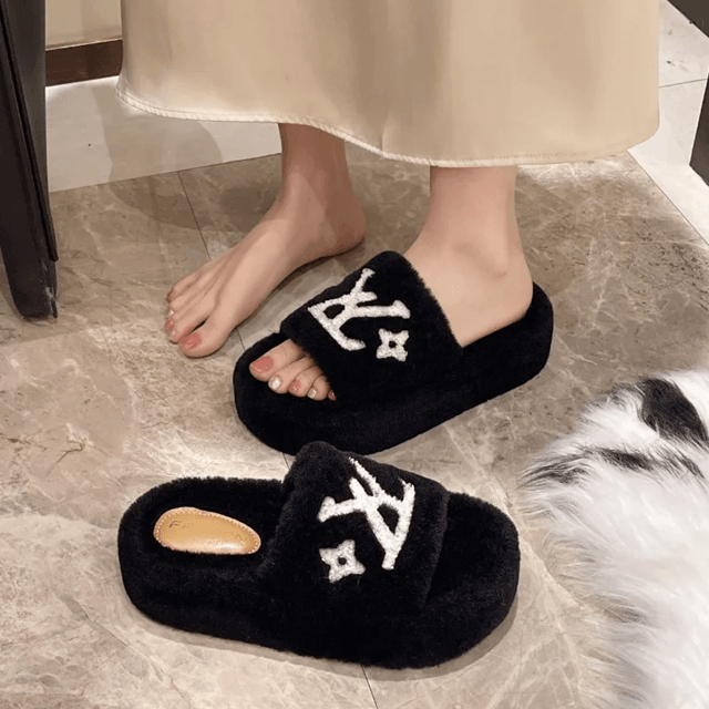Womens Furry Slide Slippers Plush Fur Flip Flops For Home And Party brown 37