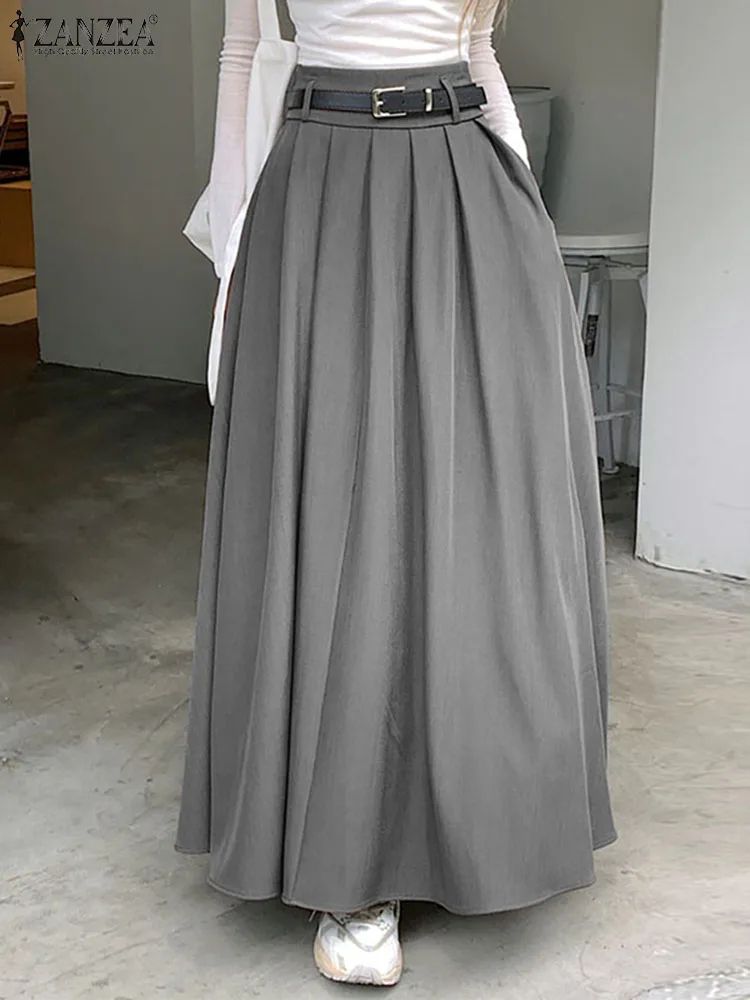 High Waist Pleated Maxi Skirt Vintage Korean Office & Holiday Swing Style gray xxl