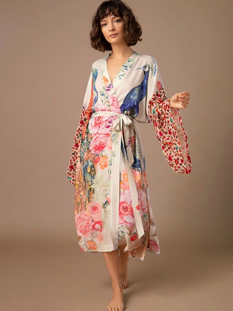 Peacock Print Belted Beach Kimono Cover Up a one Size