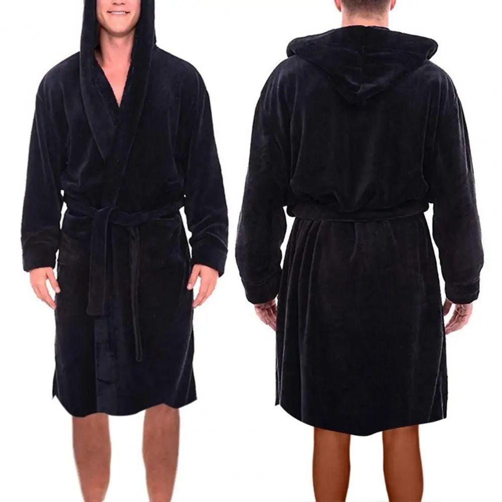 Mens Winter Warm Hooded Fleece Bathrobe Long Sleeve Thermal Home Gown & Solid Color Sleepwear black 2xl