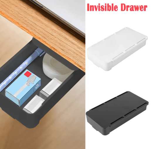 Self Stick Under Desk Drawer Organizer Hidden Storage Tray white Trumpet